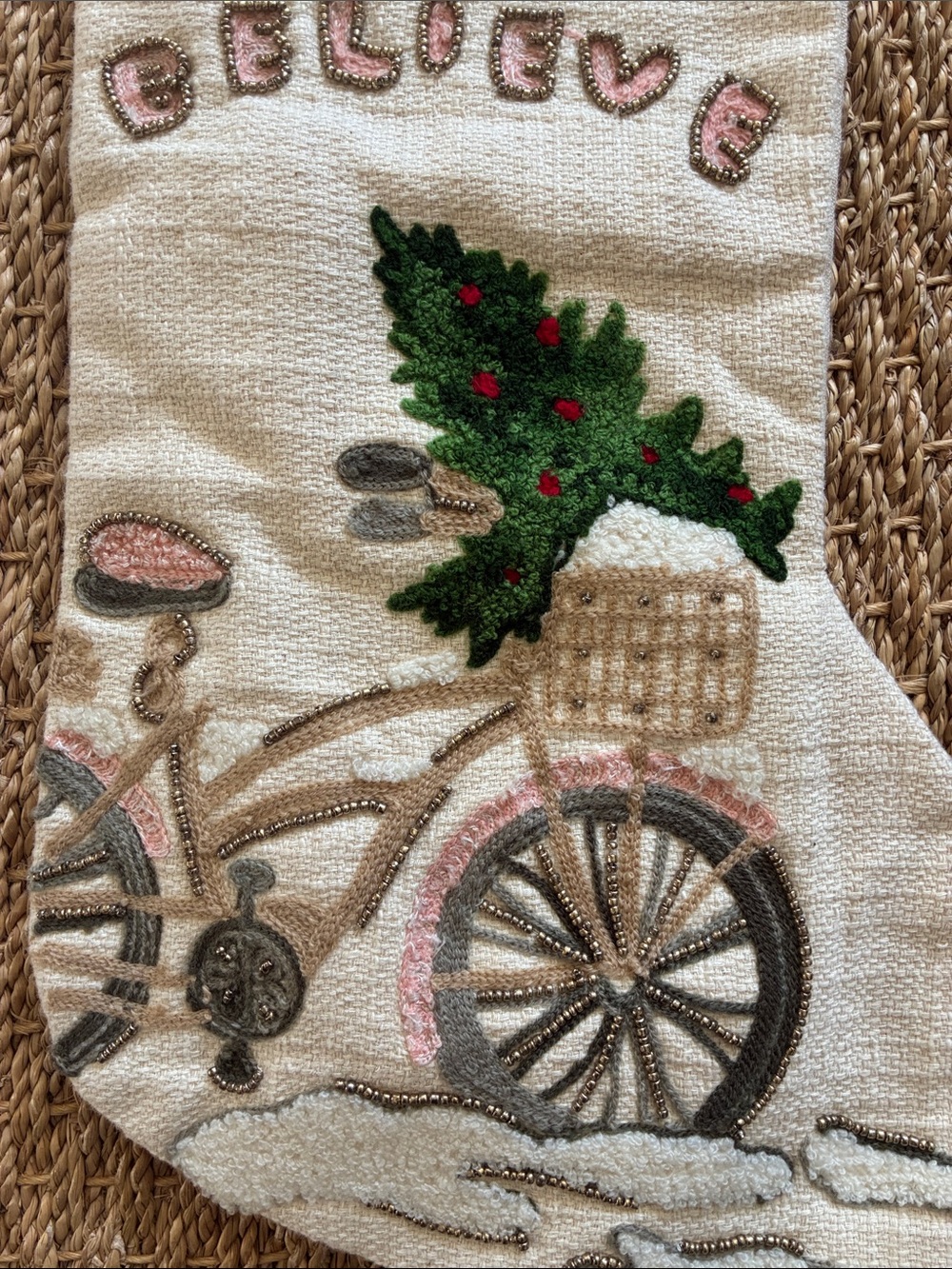 Shabby Chic Cream Christmas Stocking with Pink Bicycle and Green Tree - Picture 2 of 3